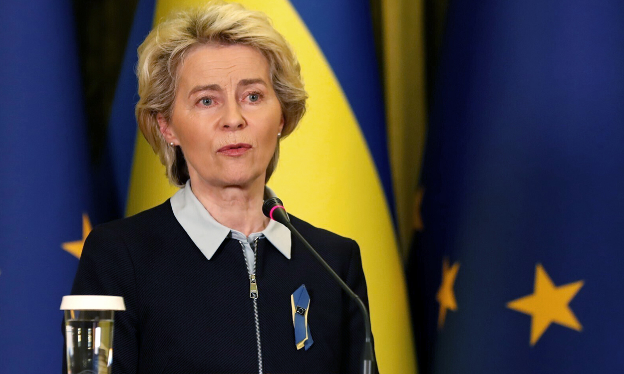 European Union Commission President Ursula von der Leyen speaks during a press conference with Ukrainian President Volodymyr Zelenskyy in Kyiv, Ukraine, on Friday, April 8, 2022. (AP Photo/Adam Schreck)